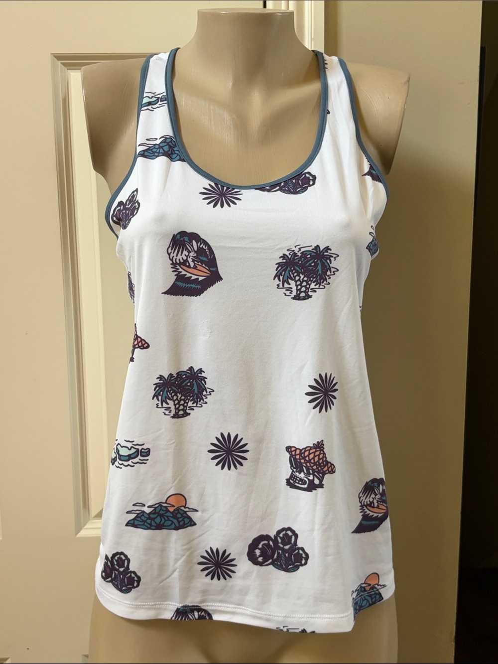 Rabbit White Printed Racerback Tank with Navy Trim, med